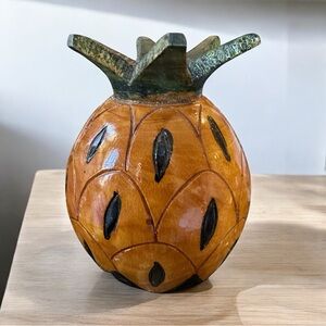 Folk Art Solid Hand-Carved Wooden Pineapple Candlestick Holder